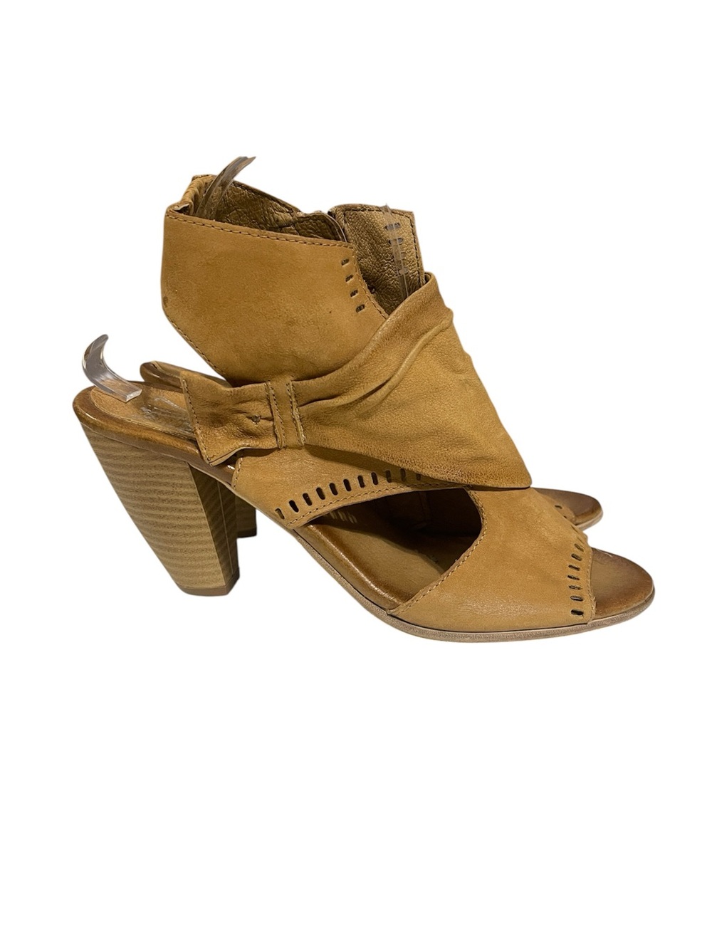 Miz Mooz Moonlight Tan Leather Peep-Toe Block Heel Sandals